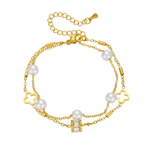 Double-layered gold titanium anklet with white pearls, clover charms and zircon stone