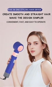 Detail showing hand holding blue 5-in-1 hair dryer attachment for smooth hair styling