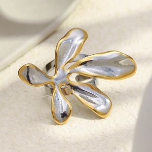 Bague Déclaration Fleur Abstraite Acier Inoxydable Plqué Or Deux Tons Exagérée Artistique Bijoux De Main Pour Femme Mode