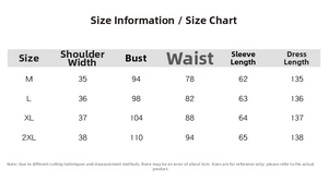 Detailed size chart for European style vintage print dress with standing collar and long sleeves
