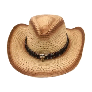 Western straw cowboy hat with ethnic band and vintage bull head metal ornament
