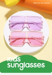 Detail view of stylish square kids sunglasses in purple and pink jelly colors