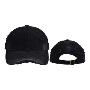 Front and back view of a distressed black cotton baseball cap with ripped details