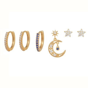 Bohemian gold plated hoop earring set with blue and white zircon flower charms