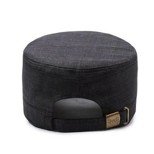 Rear view of dark grey flat top military cap with adjustable antique metal buckle
