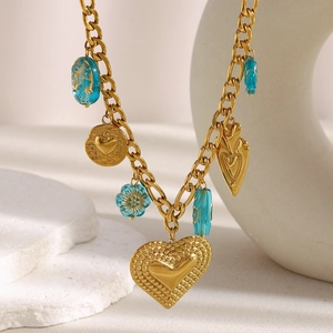 Collier Pendentif Coeur Vintage Acier Inoxydable Plaqué Or 18K Perles Verre Bleu Rétro Boho Multi Breloques Bijoux Femme