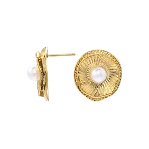 Elegant gold pearl stud earrings with sunburst texture shown in front and side views