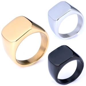 Detailed comparison of polished square signet rings in gold, silver and black finish