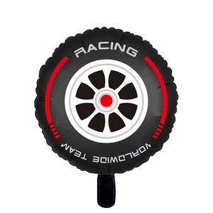 Detailed view of racing tire foil balloon with black background and red racing stripes