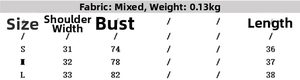 Size chart for floral print crop top and skirt set showing fabric and measurements