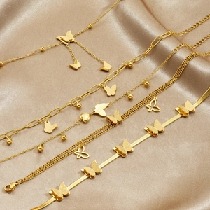 Stainless Steel Butterfly Bracelet And Anklet Gold Plated Frosted Pendant Adjustable Fashion Jewelry For Women Girls