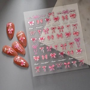 5D embossed pink bow nail art stickers with rhinestones and sweet ribbon designs
