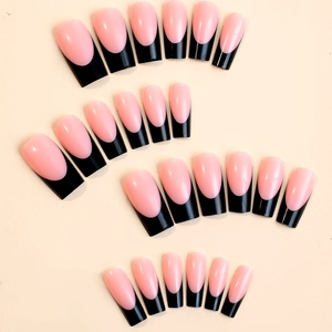 Pink and black French square press-on nails set with long square tips on cream background
