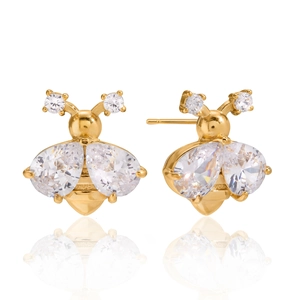 Classic 18K gold-plated stainless steel bee earrings with white cubic zirconia stones