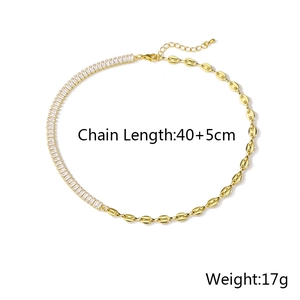 Detail of gold zircon necklace showing 40+5cm chain length and 17g weight specs