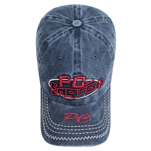 Vintage navy washed cotton baseball cap with red PG embroidery and distressed stitching