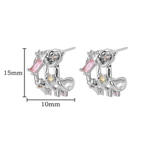 Detail of silver floral earrings with pink and yellow gems, size 15mm by 10mm