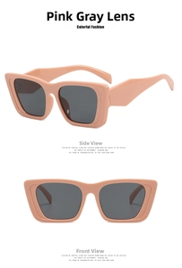 Detail view of square beige sunglasses with grey lenses from front and side angles