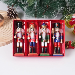 Set of four 13cm glitter wooden nutcracker soldier figurines in a red festive gift box