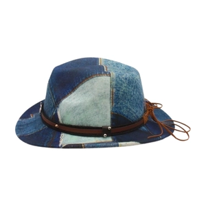 Patchwork denim jazz fedora hat for children with brown leather strap and tassel detail
