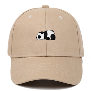 Close-up of a panda embroidery on the front of a khaki cotton twill baseball cap