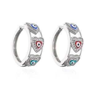 Silver plated hoop earrings with evil eye heart charms and micro-set zirconia stones