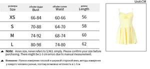 Size chart table for yellow pleated mini dress showing bust, waist and length measures