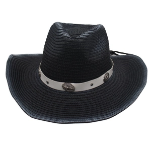Classic black woven Panama straw hat with vintage decorative band and wind rope