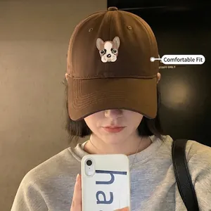 Casquette De Baseball En Coton Vintage Femmes Broderie Chien Bord Large Réglable Chapeau Décontracté