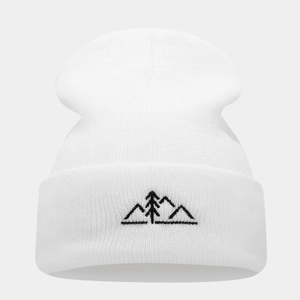 White knitted beanie for men and women featuring black mountain pine tree embroidery