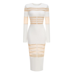 Detail of white bodycon maxi dress with sheer mesh inserts and geometric cutouts