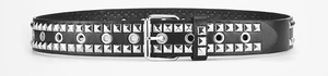 Detail of black PU leather punk belt featuring silver pyramid studs and metal eyelets