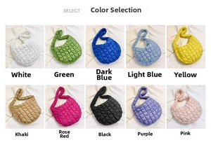 Detail showcasing quilted bubble texture in ten vibrant colors for this stylish shoulder bag