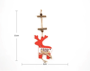 Detail of red wooden reindeer hanging ornament with SNOW text and bells, size 11x8cm