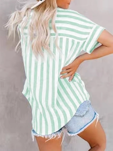Detailed close-up showing the green and white vertical stripe pattern on the short sleeve shirt