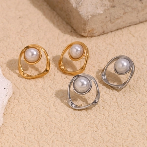 Irregular Round Hollow Ear Studs Stainless Steel With Imitation Artificial Pearl Vintage Geometric Fashion Accessories For Women