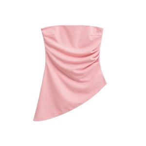 Detailed view of pink ruched tube top with an asymmetrical hem and pleated design