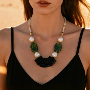 Retro Ethnic Layered Necklace With Acrylic Oval Beads And Imitation Artificial Pearls Adjustable Woven Rope Chain For Women