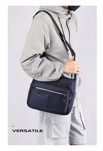 Detail view of water-resistant navy blue shoulder bag with multi-pocket zipper design