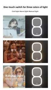 LED makeup mirror detail showing three-color lighting modes with touch control sensor