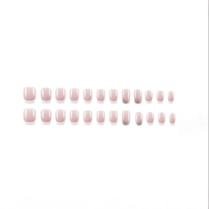 24-piece French nude pink press-on nails with silver glitter tips and white borders