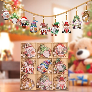 Set of 9 wooden Christmas gnome ornaments with beads and storage box for holiday decor