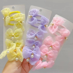 Children Girls Bow Hair Clips Hair Ties Polka Dot Mesh Tulle With Artificial Pearl Pendant Princess Style Handmade Accessories