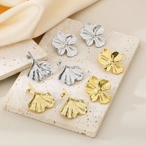 Detailed view of ginkgo leaf stainless steel earrings in gold and silver finishes