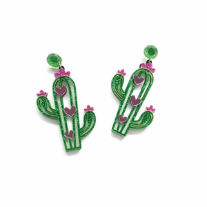 Bohemian style acrylic cactus earrings with green glitter and pink floral accents