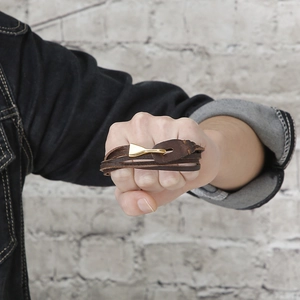 Men's multilayer dark brown braided leather wrap bracelet with golden fish hook clasp