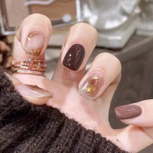 Ongles À Presser Brun Mocha Marbre Feuille D'or Chocolat Thé Glacé Ongles Artificiels Courts Carrés Ronds Pour Femmes