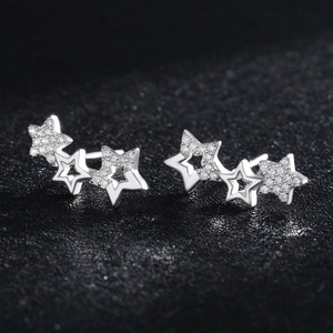 Elegant 925 sterling silver triple star drop earrings with sparkling clear zircon stones