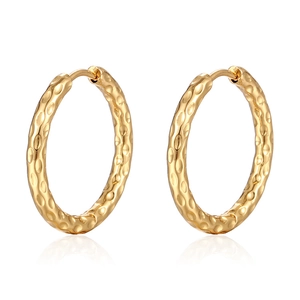 Polished 18K gold-plated titanium steel hoop earrings with hammered texture on white background