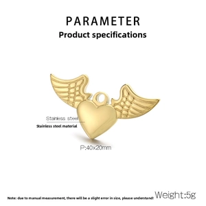 Golden stainless steel heart pendant with wings showing 40x20mm product size details